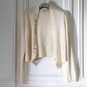 KINROSS 100% Cashmere Ruffle Trim Open Knit Cardigan in Cream Size M